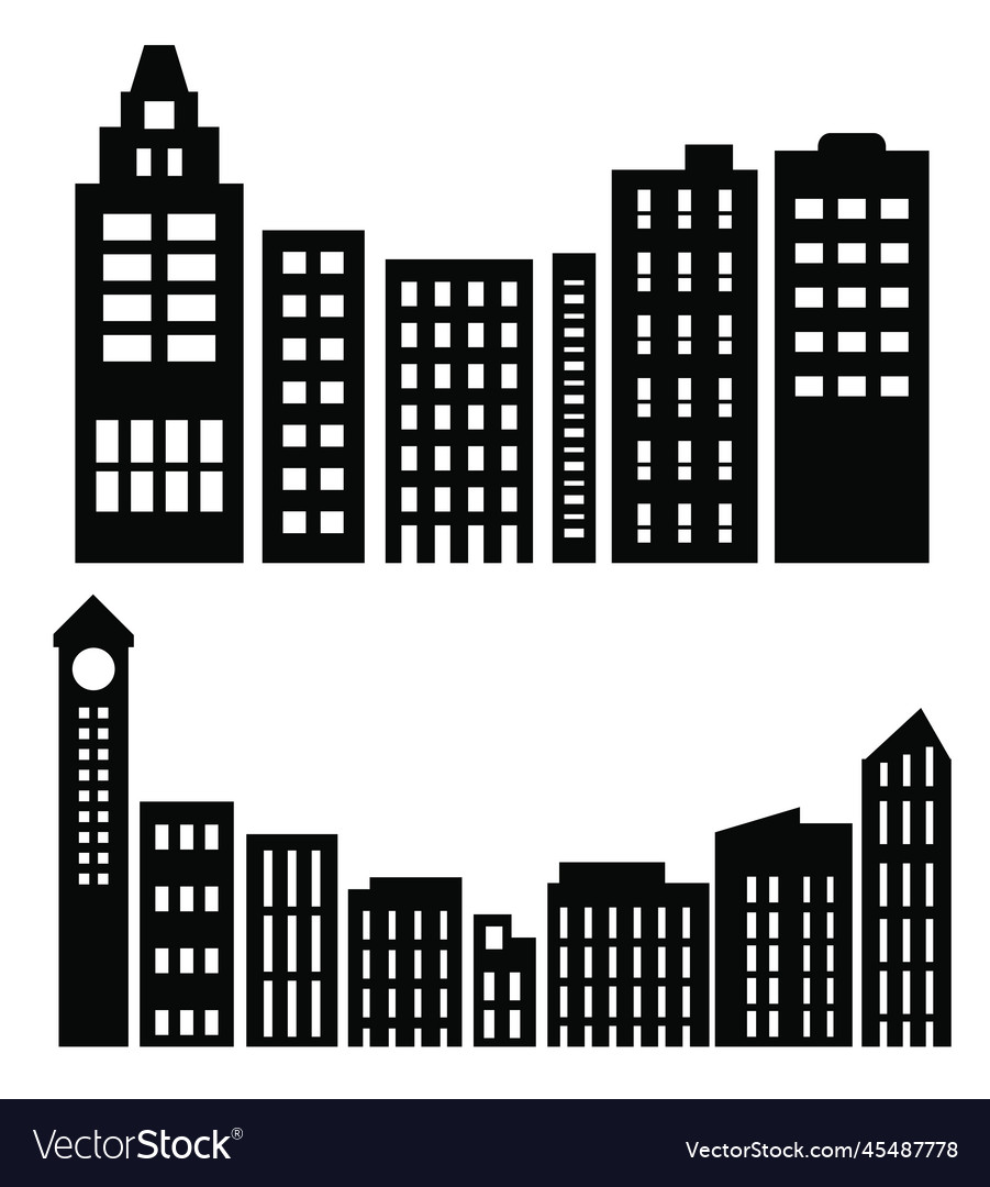 Flat black cityscape silhouette city buildings set