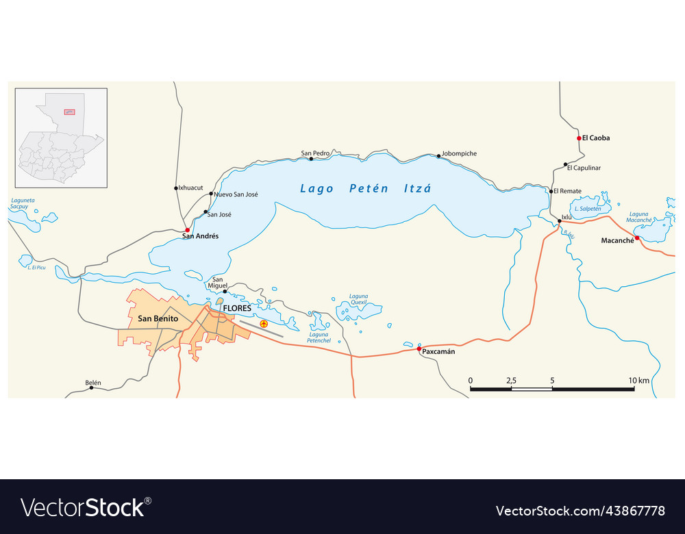 Map of lake peten itza in guatemala Royalty Free Vector