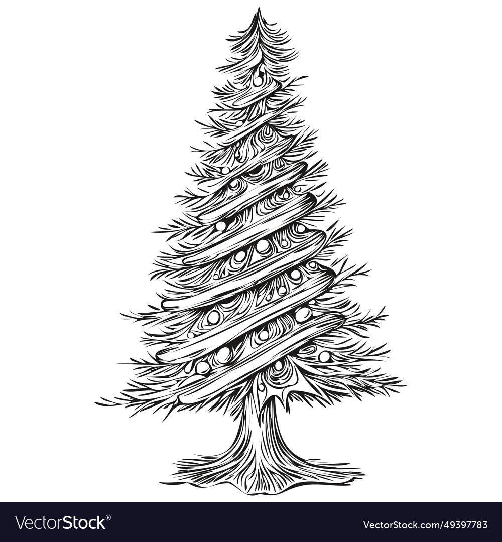 Christmas tree line art hand drawn sketch Vector Image