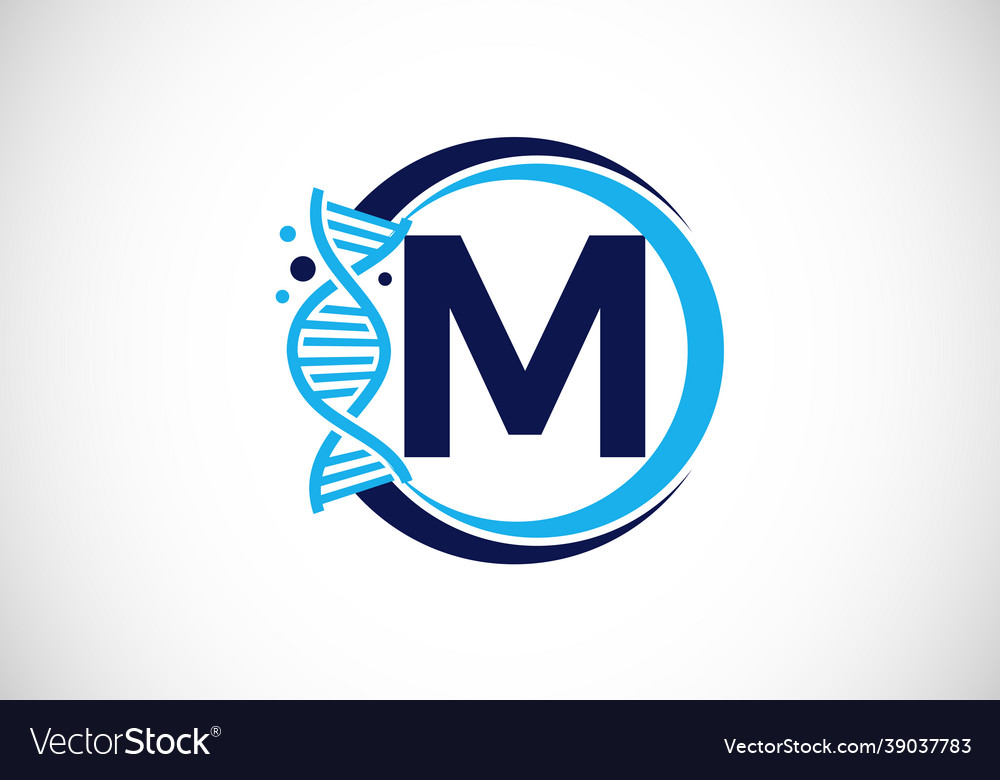 Initial m monogram alphabet in a circle with dna