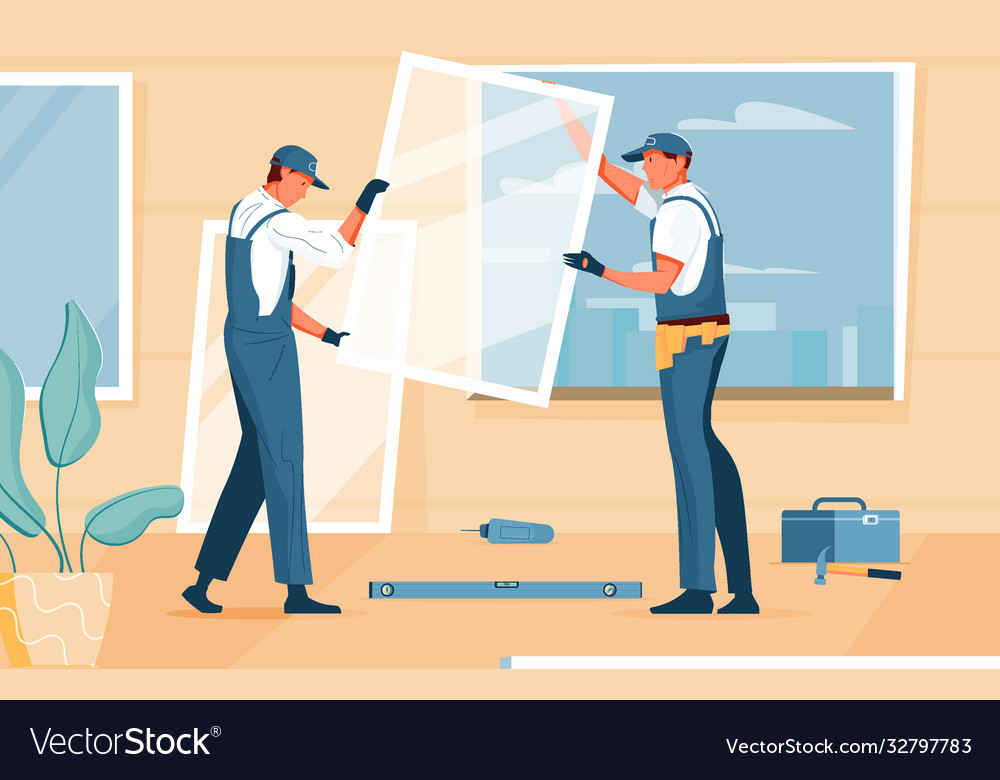 Plastic windows installation flat composition Vector Image