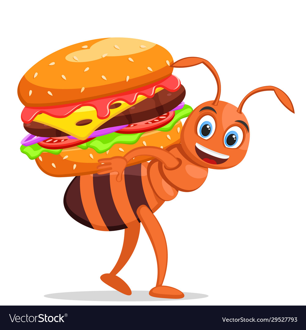 Ant carries a hamburger on white background