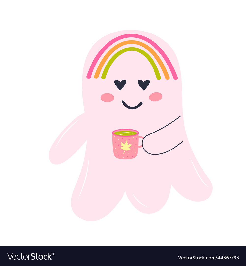 Cute pink ghost with a mug of tea and rainbow