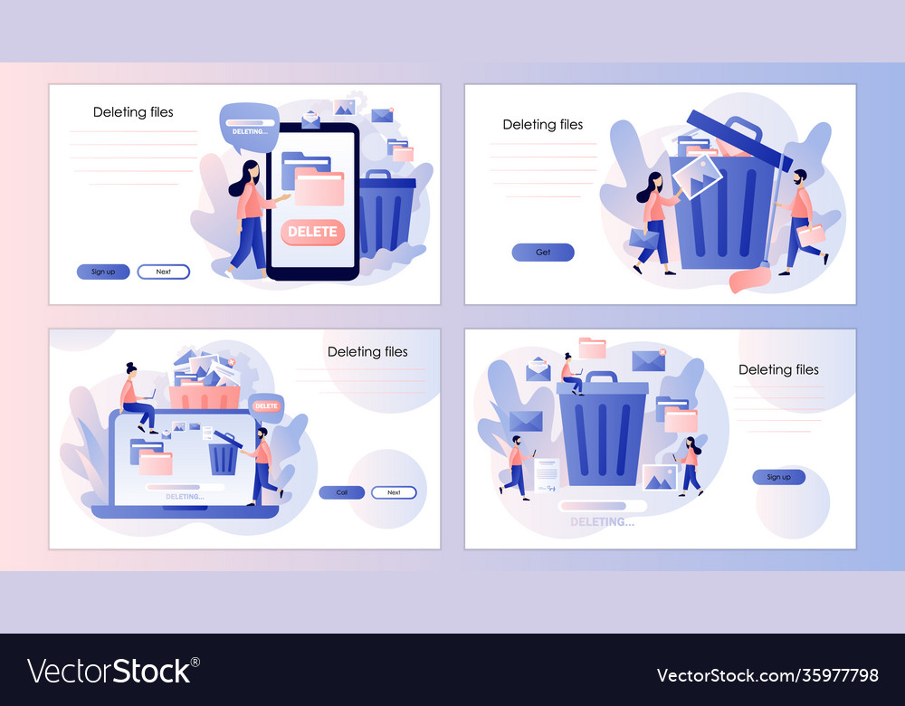 Delete concept tiny people deleting data and move vector image Delete concept tiny people deleting data and move