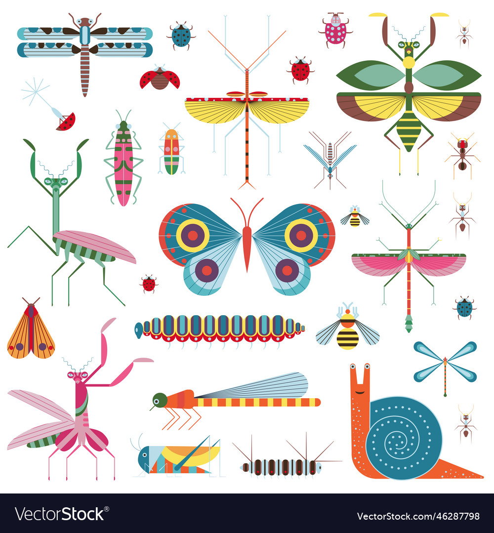 Meadow insects and geometric bugs icon set