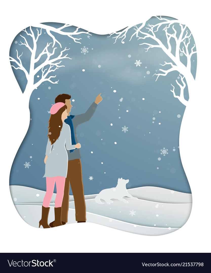 romantic couple standing in winter season with winter season cartoon pictures