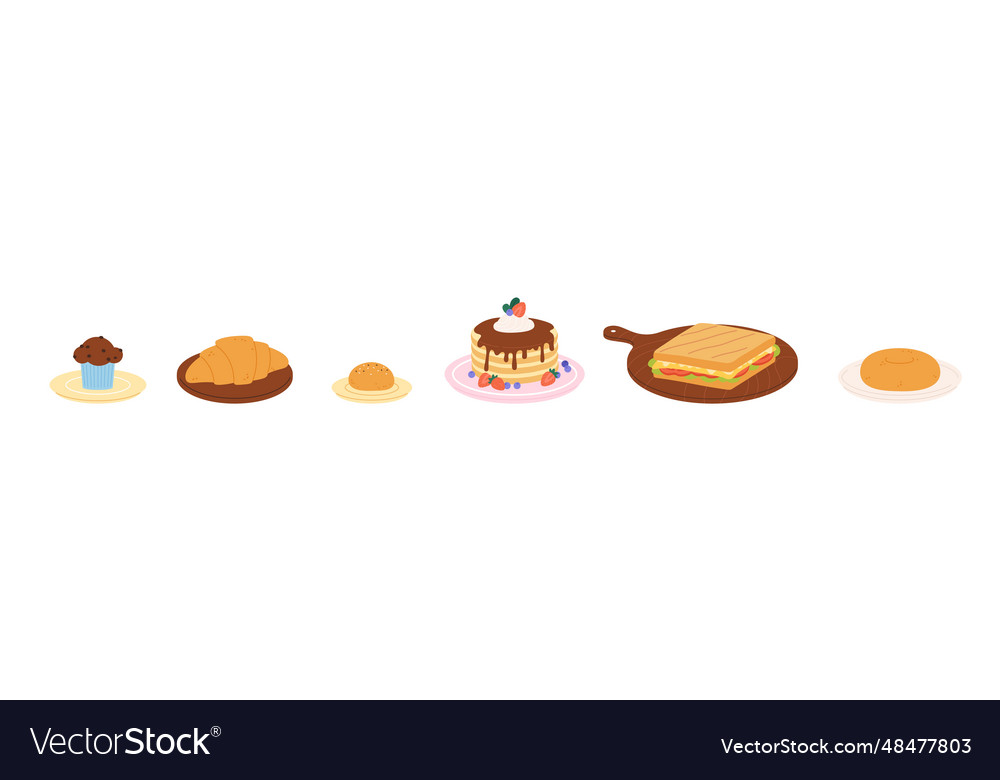 Isolated pastry on plates cake and buns muffin