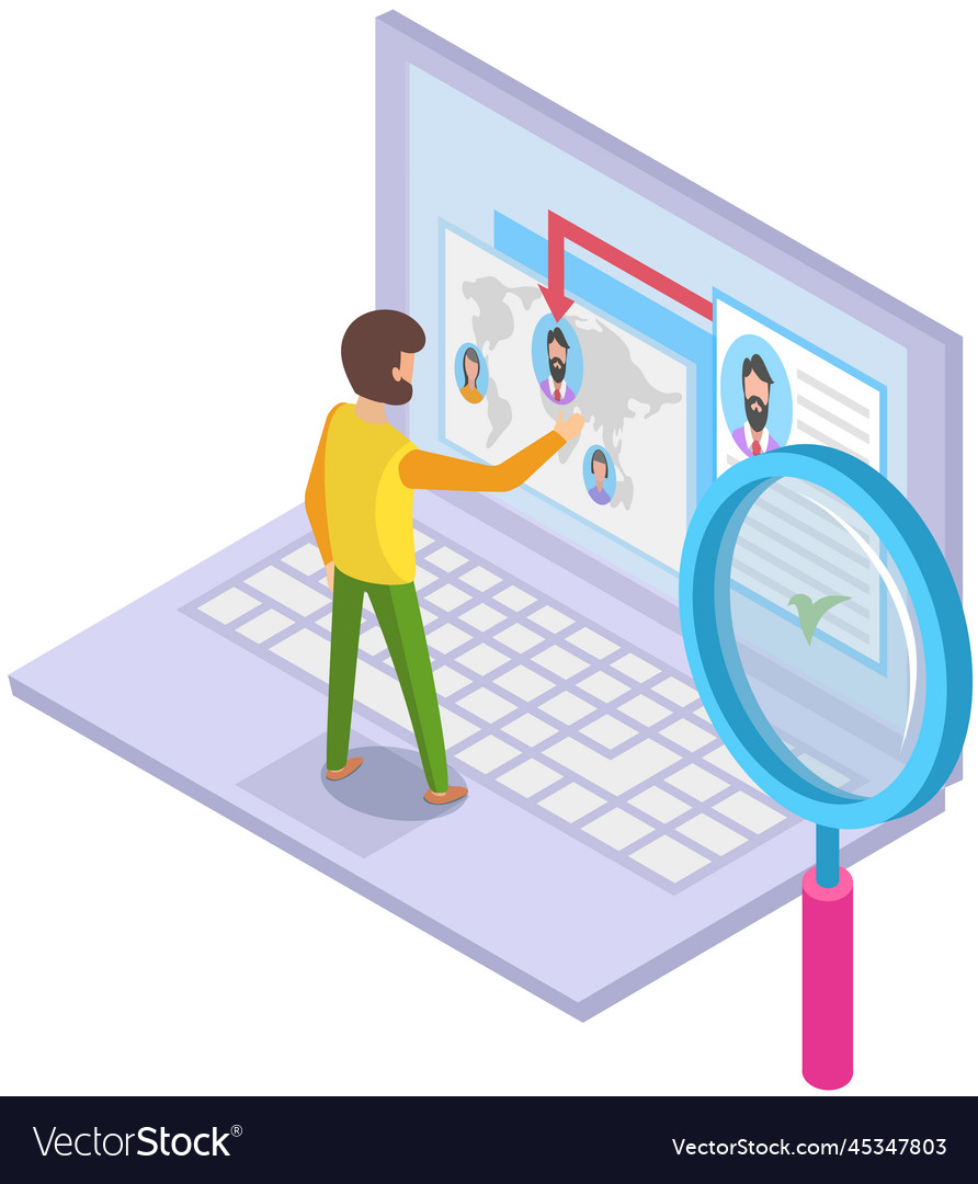 Man looking at user profiles in social network vector image Man looking at user profiles in social network