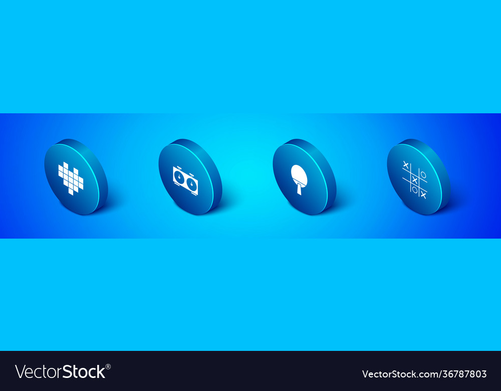 Set isometric pixel hearts for game racket tic