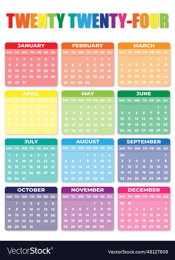 2024 monday start portrait color calendar Vector Image