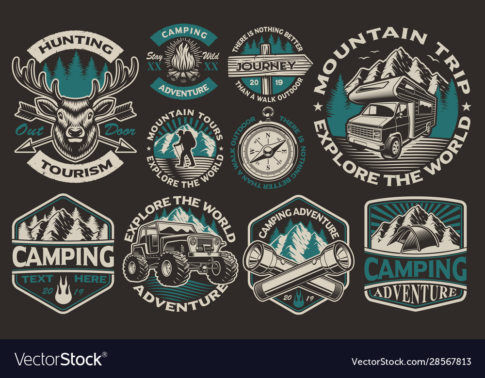 Set black and white logos for camping theme Vector Image