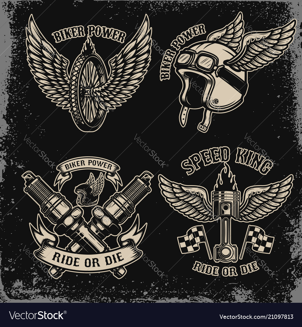 Set Vintage Biker Motorcycle Emblems On Dark Vector Image