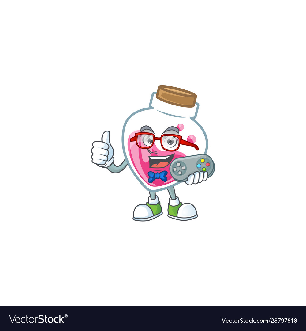 Smiley gamer pink potion cartoon mascot style