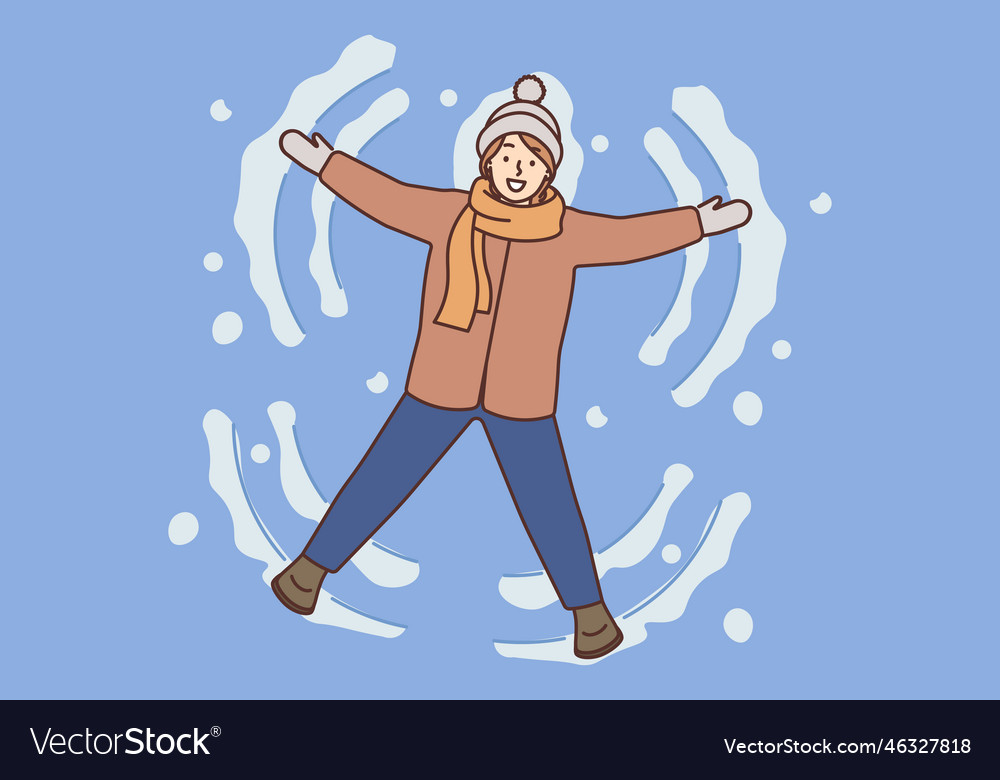 Lächelnde Mädchen machen Schneeengel auf Wintergrund vector image Lächelnde Mädchen machen Schneeengel auf Wintergrund