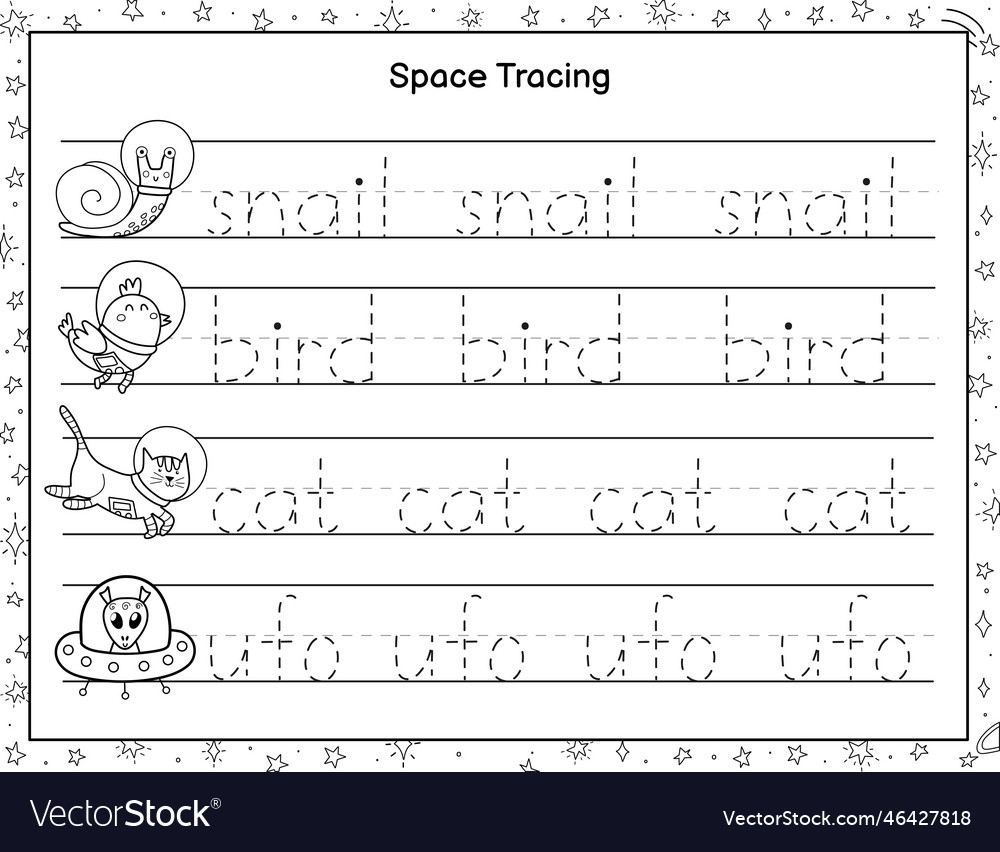 Trace words black and white activity page for kids