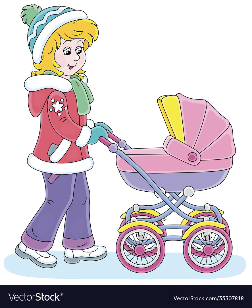 Young mom walking with a baby carriage