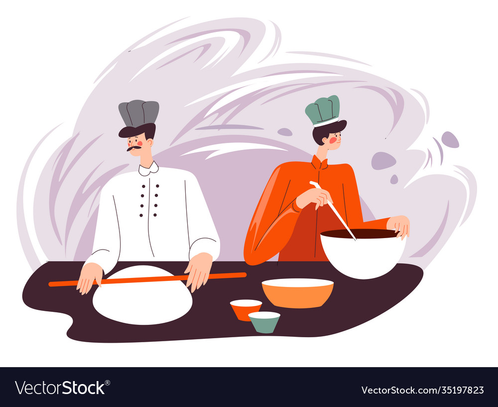 Bakery shop baker using rolling pin for dough Vector Image