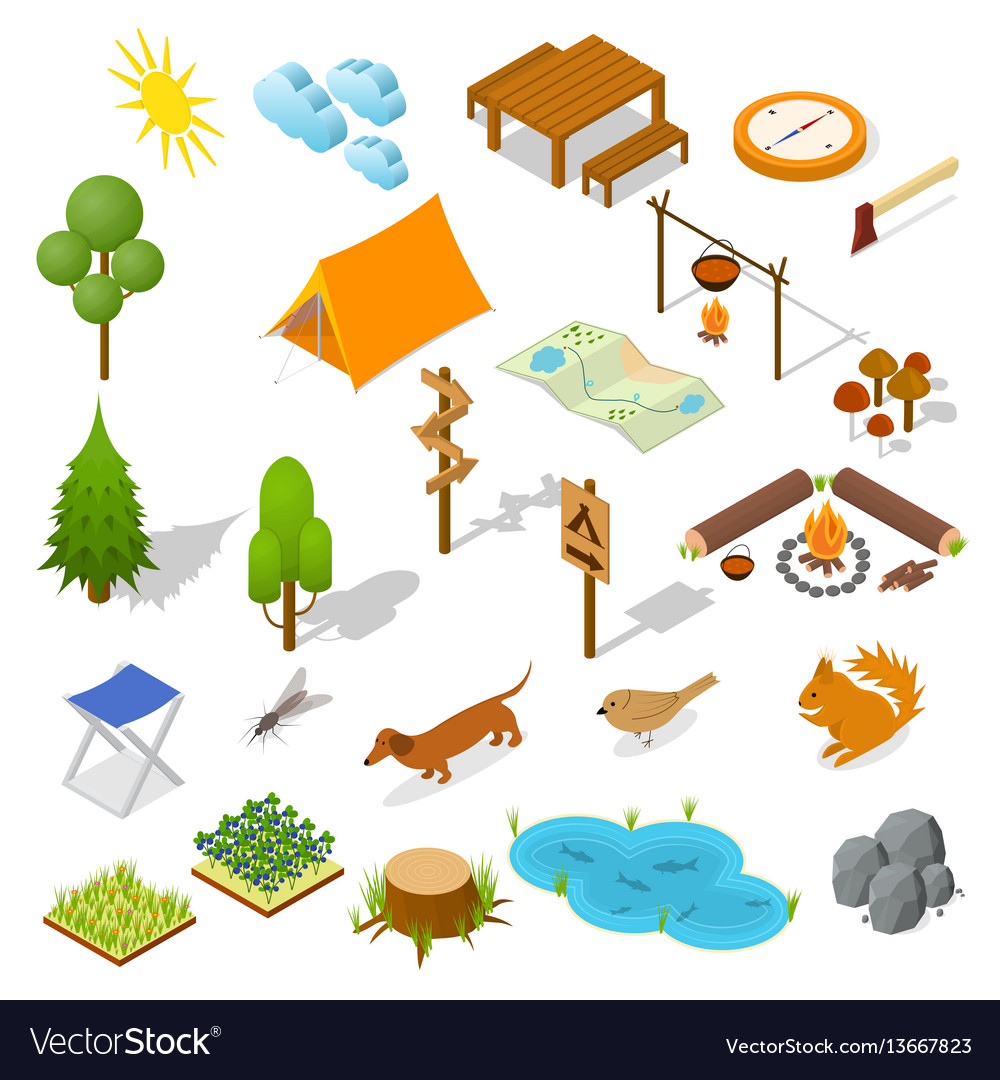 Camping element or part set isometric view vector image Camping element or part set isometric view
