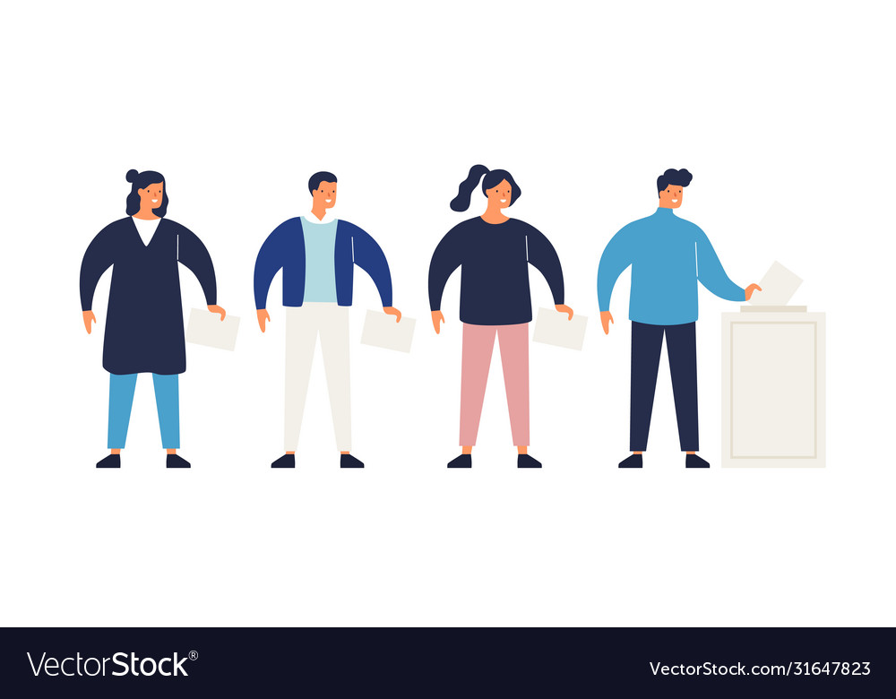 Different people with ballots in queue during