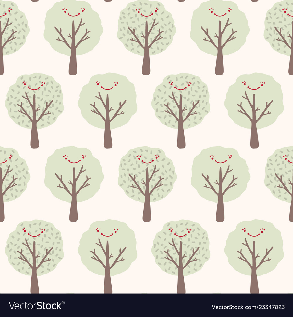 Kawaii smiley face tree seamless pattern