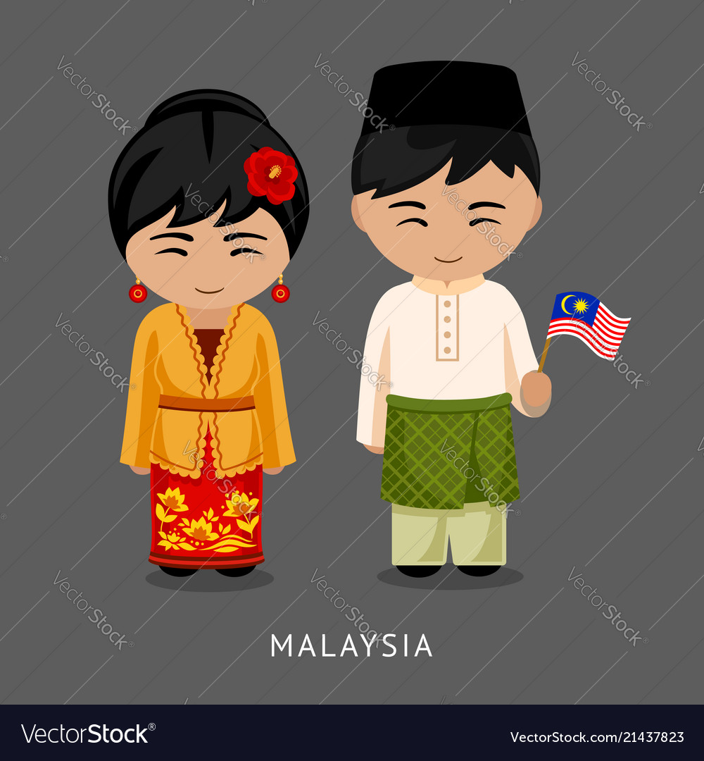 Malaysians in national dress with a flag Vector Image