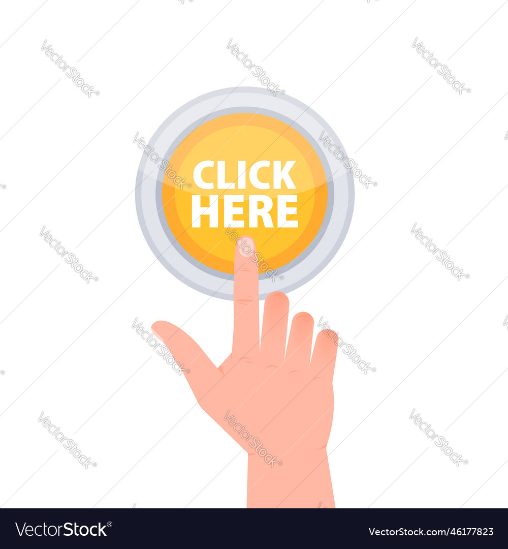 Red button with help text click here hand vector image Red button with help text click here hand
