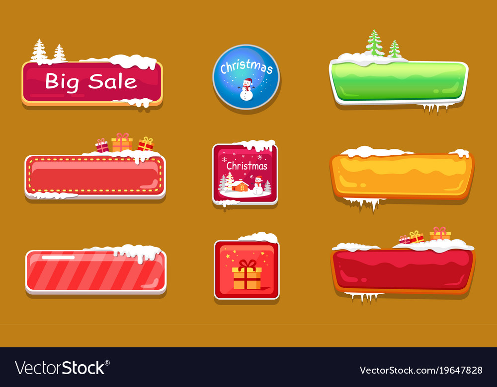 Set of winter theme web push button covered snow