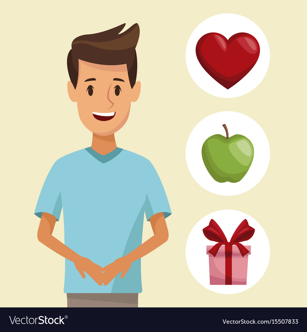 Colorful poster half body young man and icon