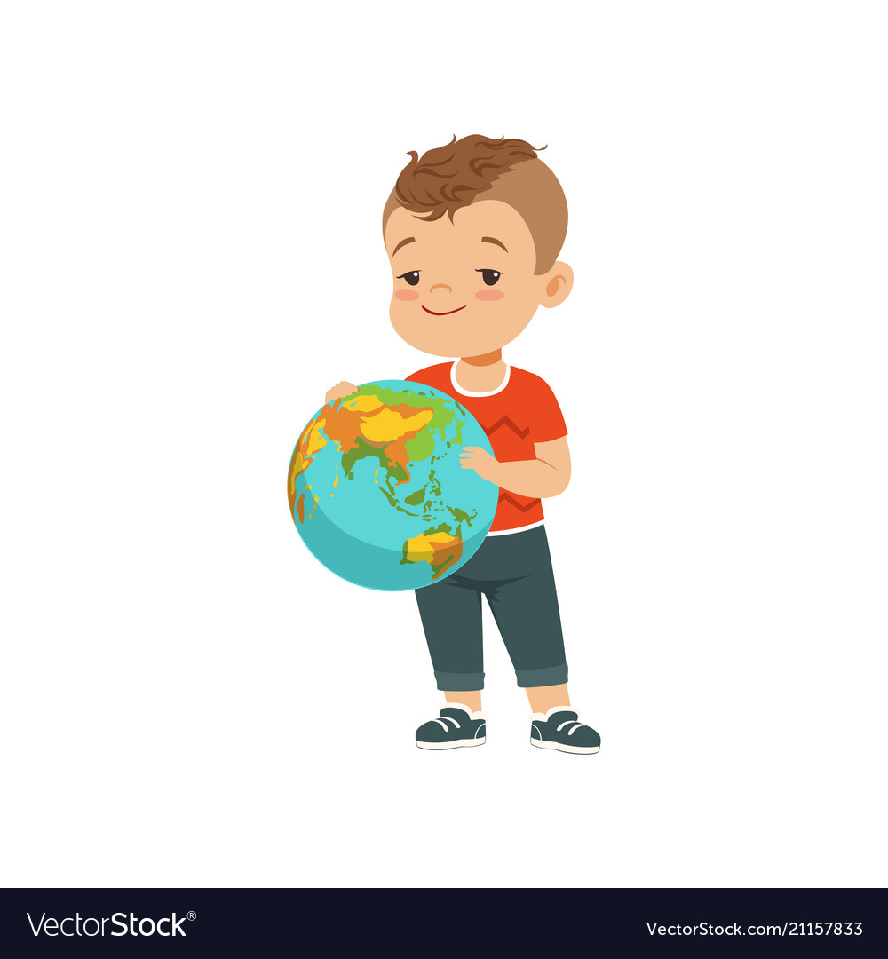 Cute little boy holding globe kid protecting