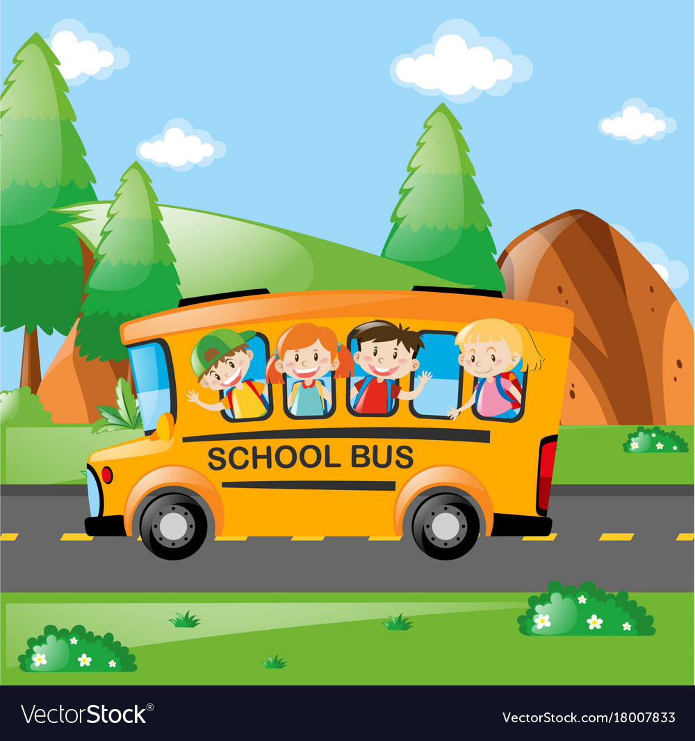 Four Kids Riding On School Bus Royalty Free Vector Image