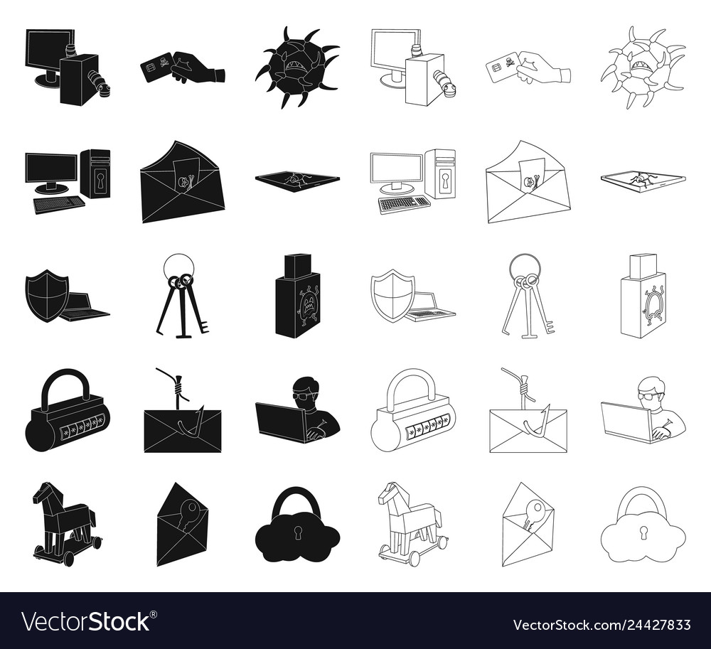 Hacker and hacking blackoutline icons in set vector image Hacker and hacking blackoutline icons in set