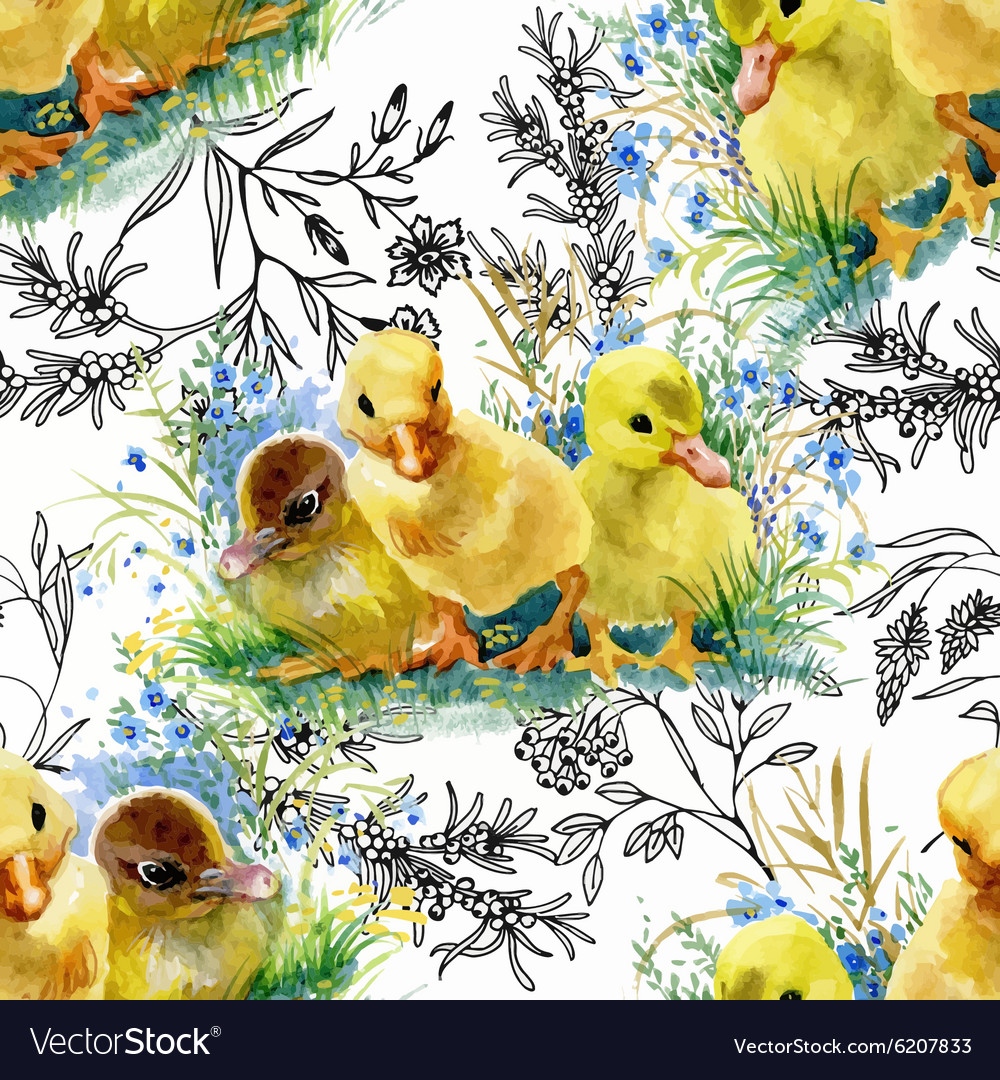 Little fluffy cute watercolor ducklings chickens