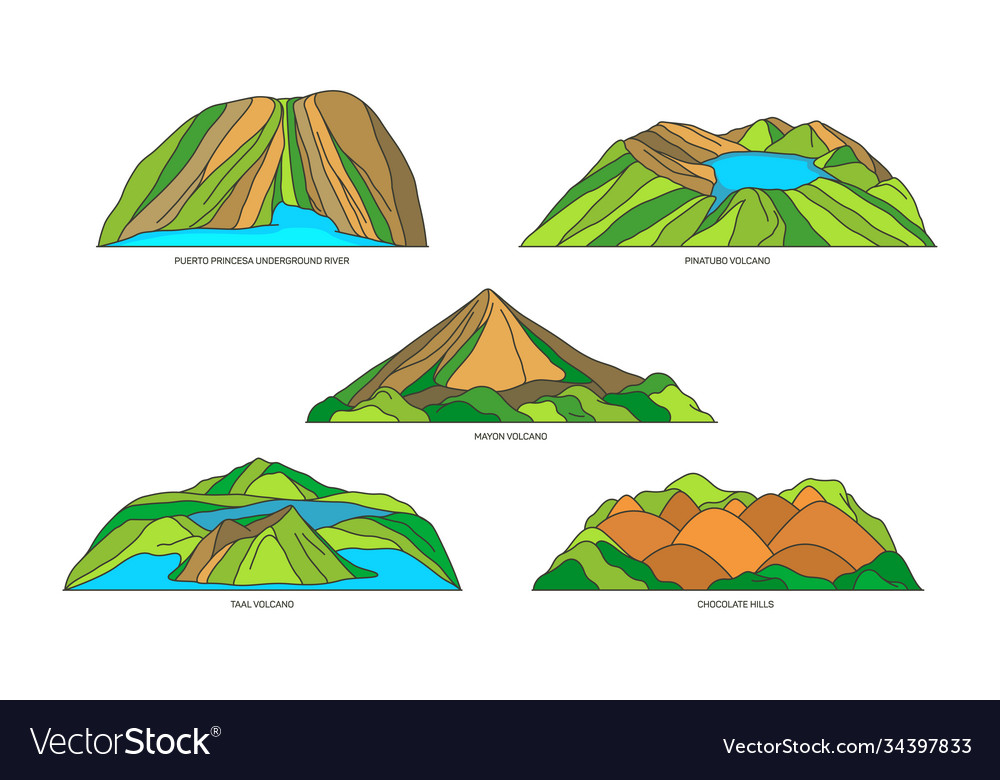 Philippines nature landmarks or travel icon set