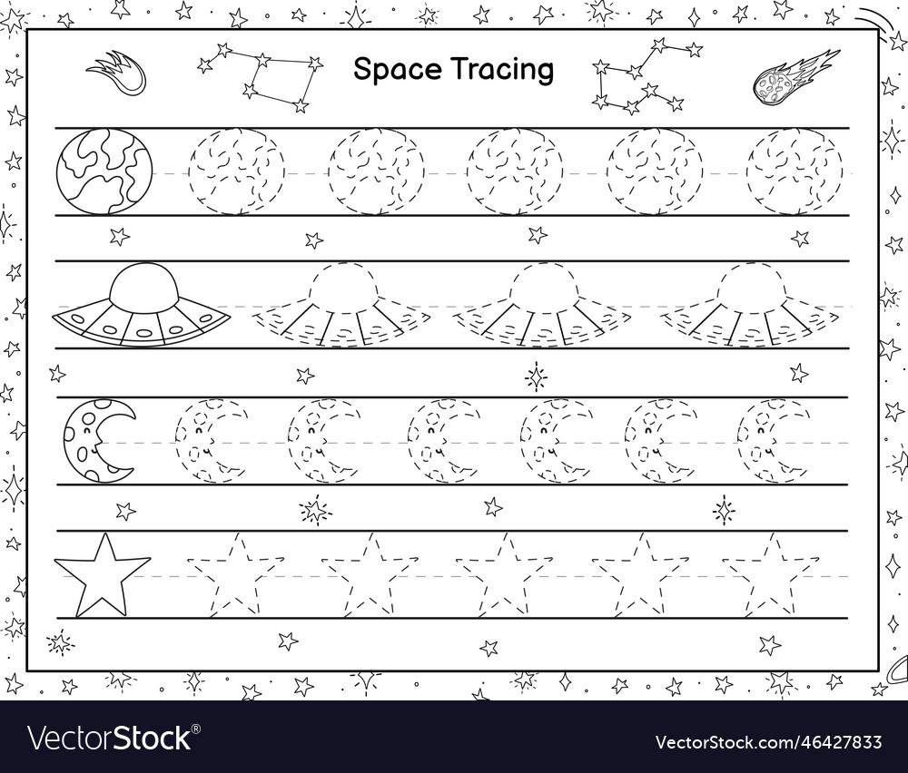 Trace space objects activity page for kids black Vector Image