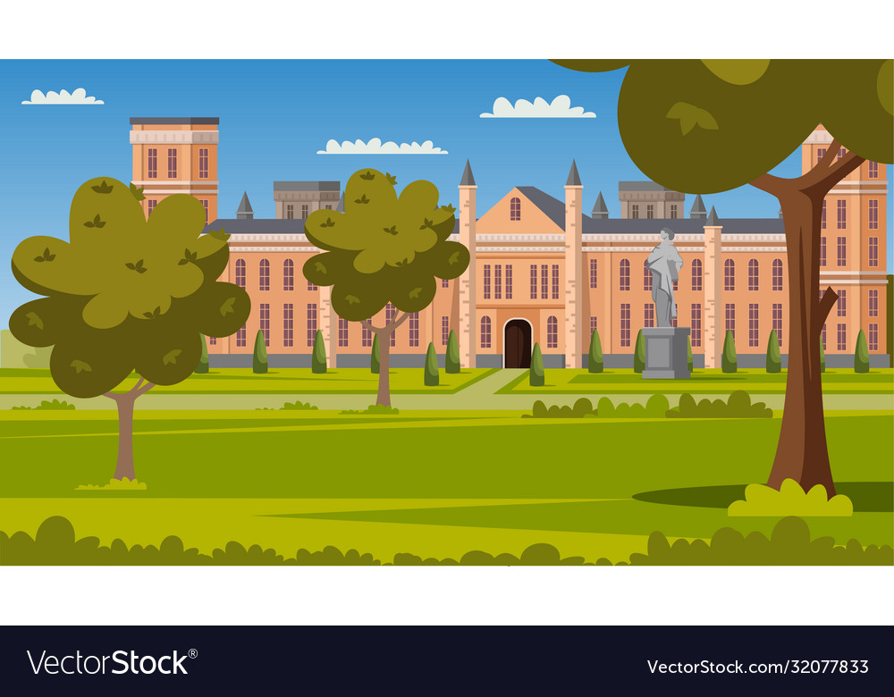 University facade and green campus park scene Vector Image