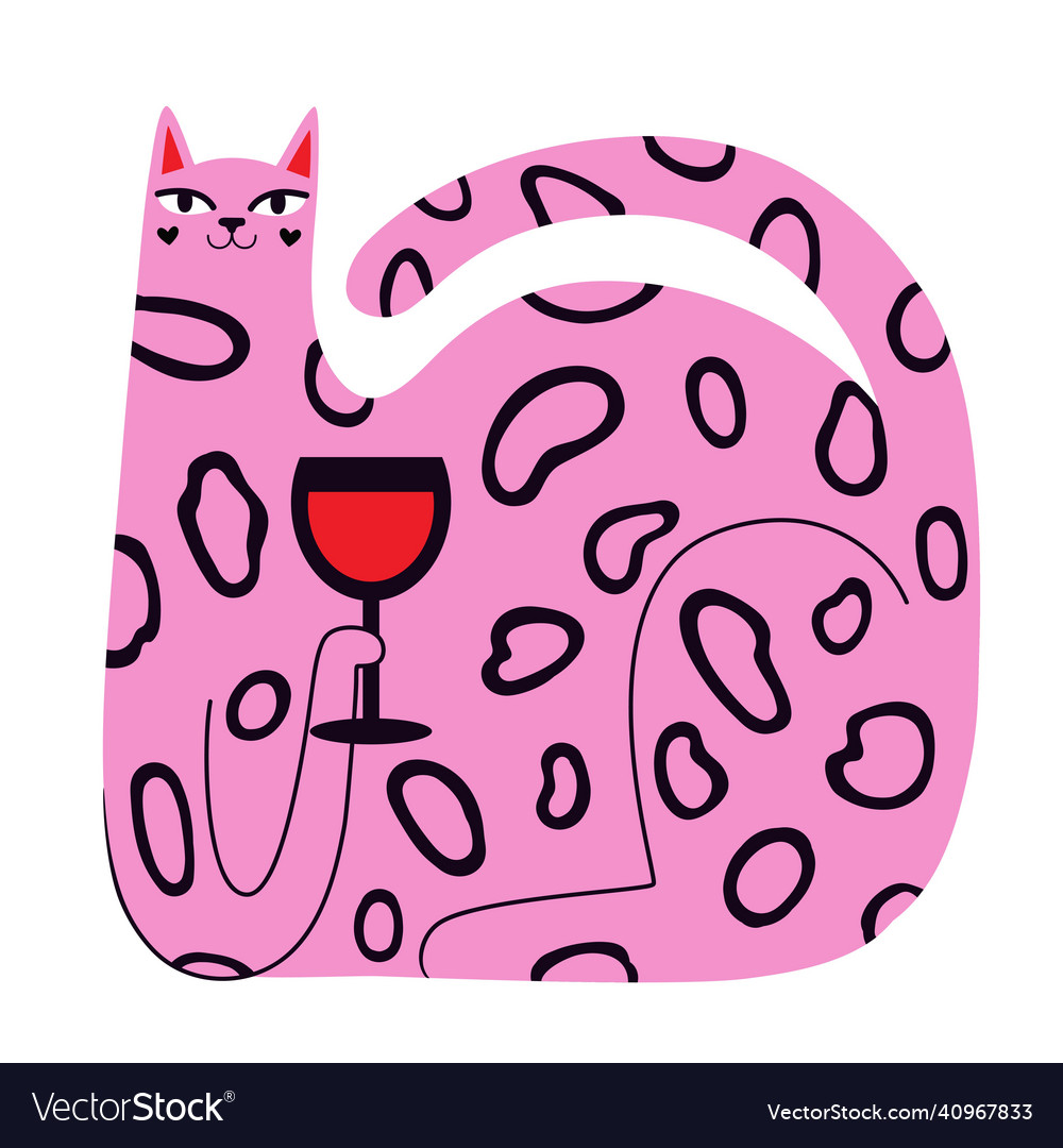 With Huge Pink Cat Drinking Wine From Wineglass Vector Image