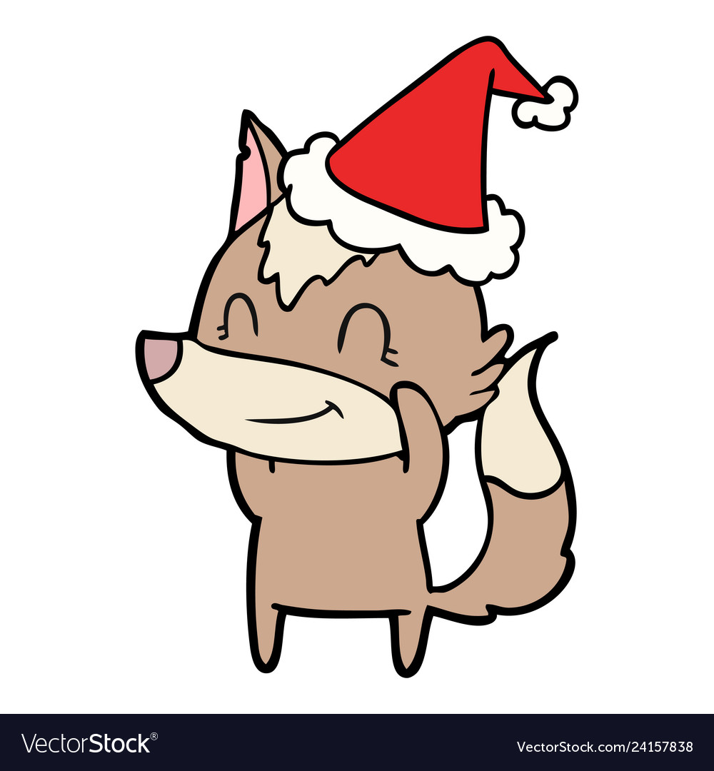 Friendly line drawing of a wolf wearing santa hat