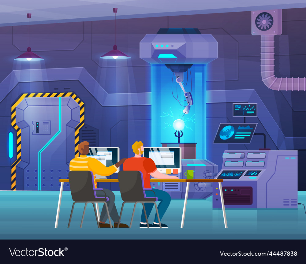 Programmers scientists in laboratory conduct vector image Programmers scientists in laboratory conduct