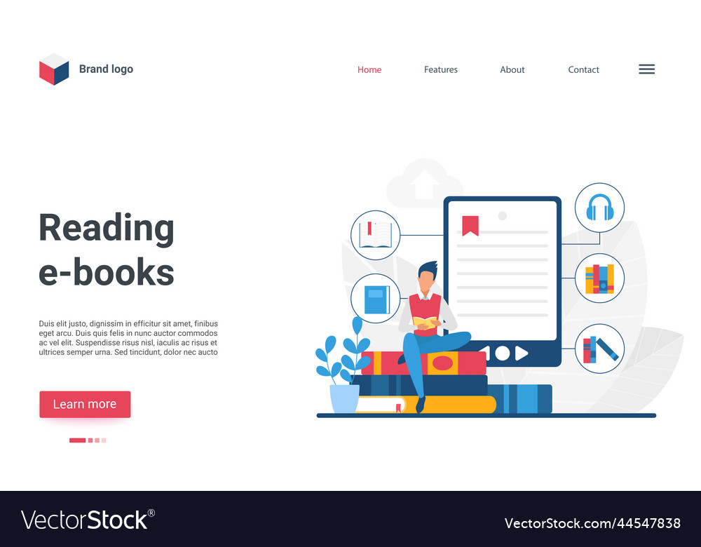 Reading e-books landing page student using vector image Reading e-books landing page student using