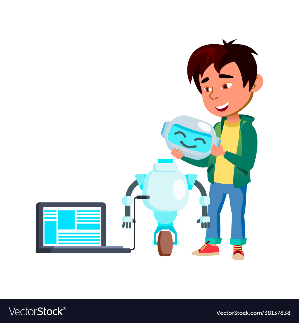 Smart boy assemble and programming robot in garage