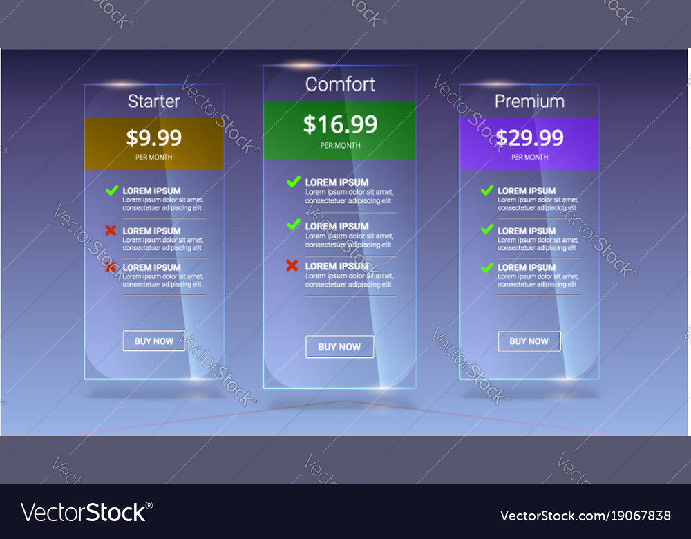 Three glass banners with tariffs plan comparison Vector Image