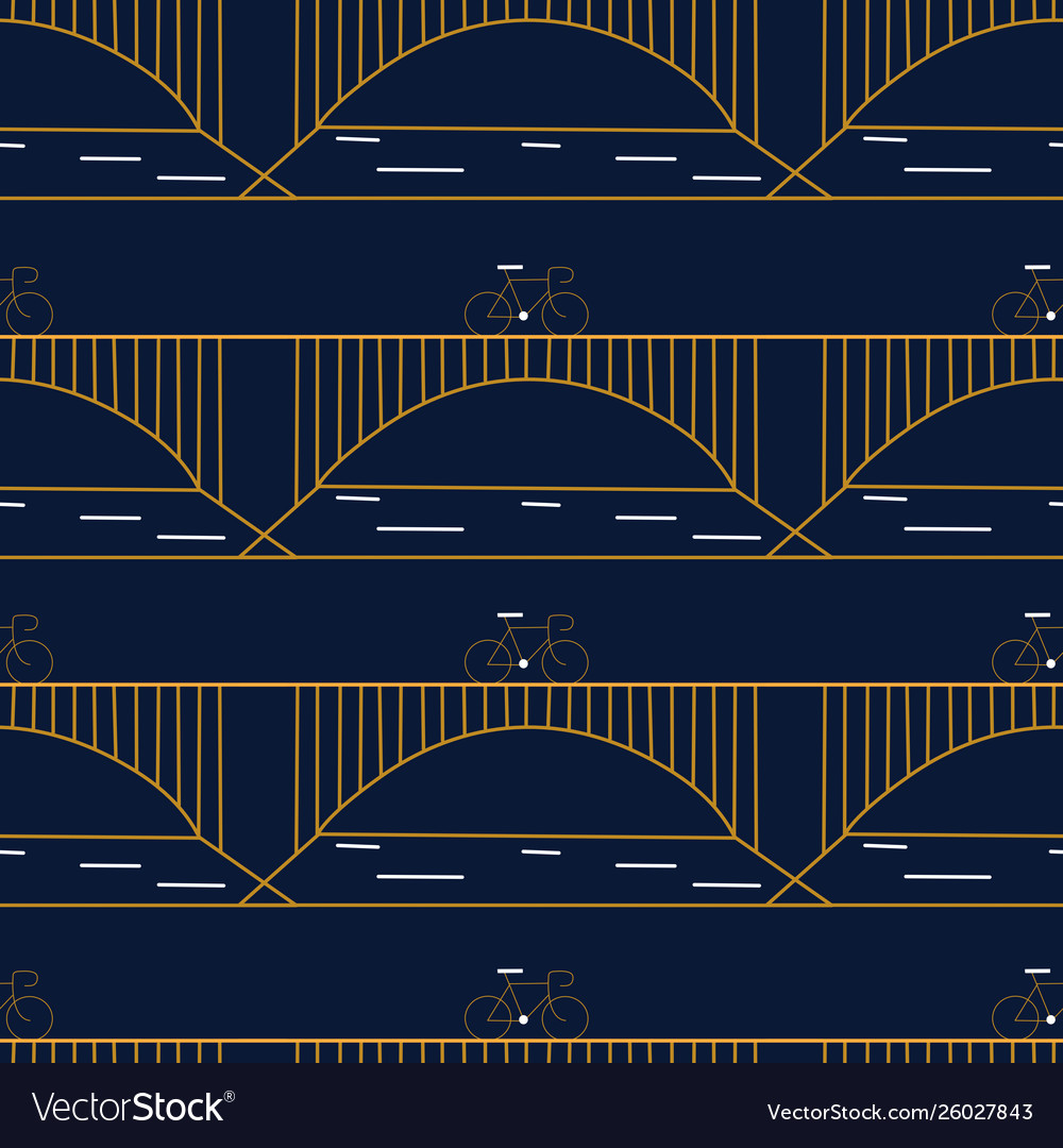 Bycicle and bridge in a seamless pattern design vector image Bycicle and bridge in a seamless pattern design