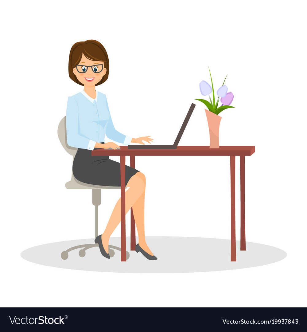 Cartoon smiling businesswoman at the table