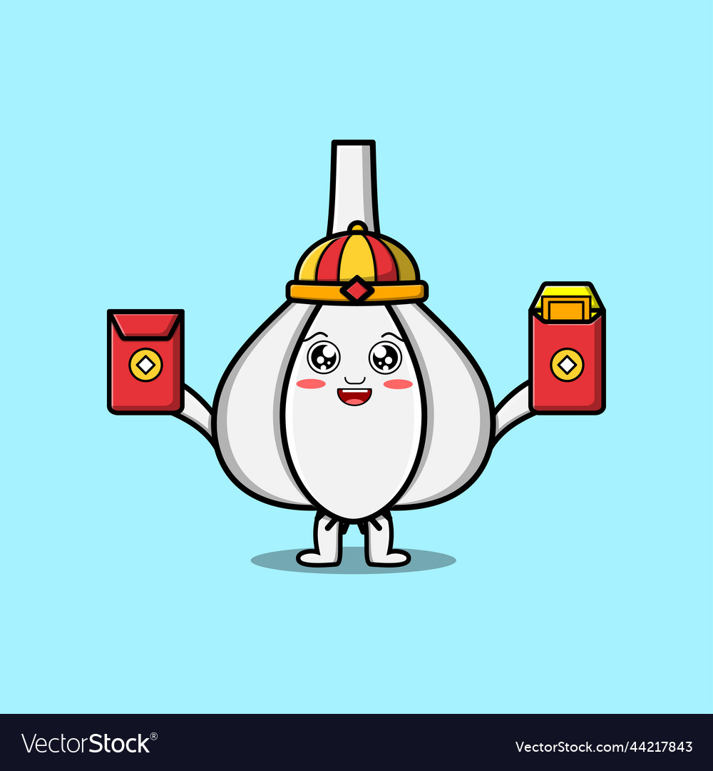 Cute cartoon garlic chinese holding red packet vector image Cute cartoon garlic chinese holding red packet