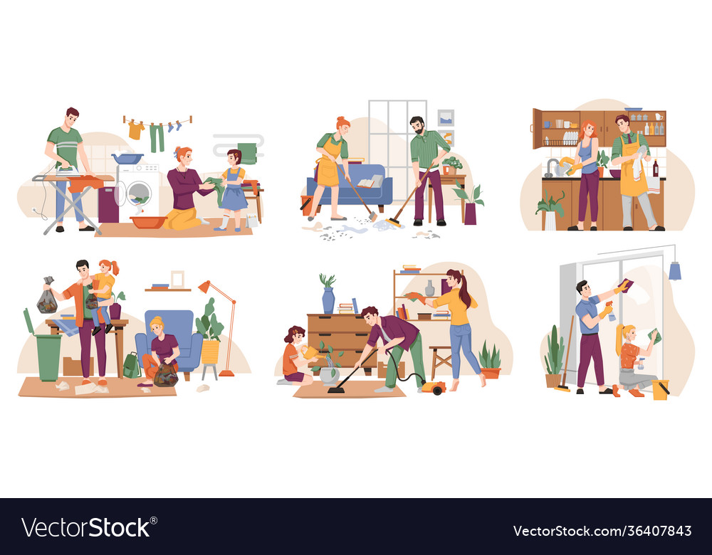 Household housework chores cleaning people set Vector Image