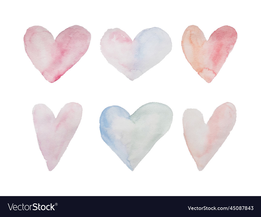 Set of hand-painted watercolor hearts isolated