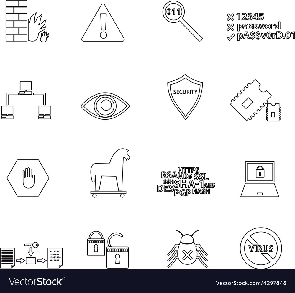 Computer security simple black outline icons eps10
