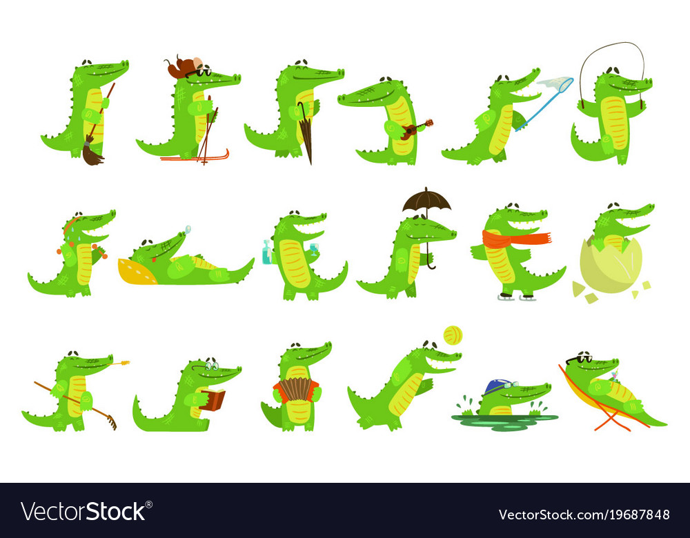 Humanized crocodile character every day activities