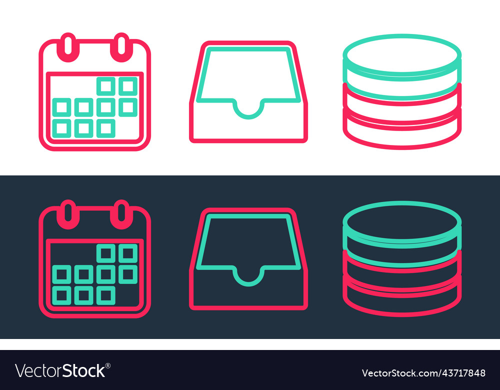 Set line database calendar and social media inbox vector image Set line database calendar and social media inbox