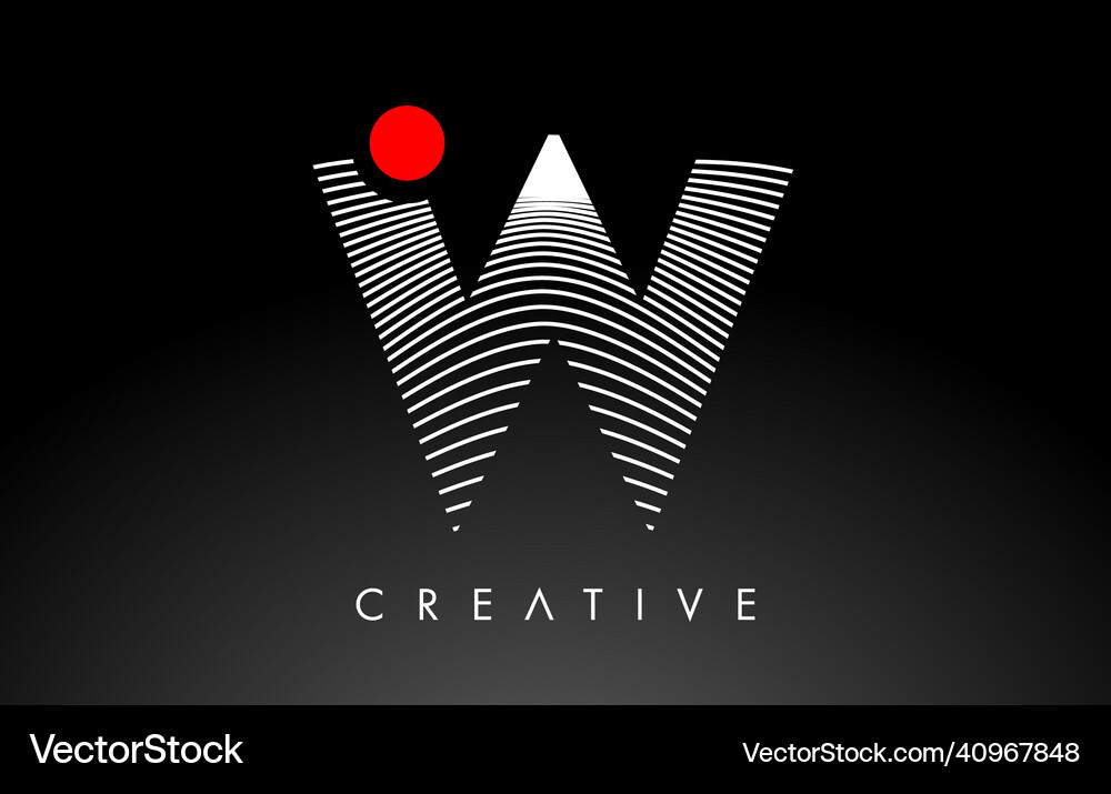 W letter logo with red dot circle and warp lines Vector Image